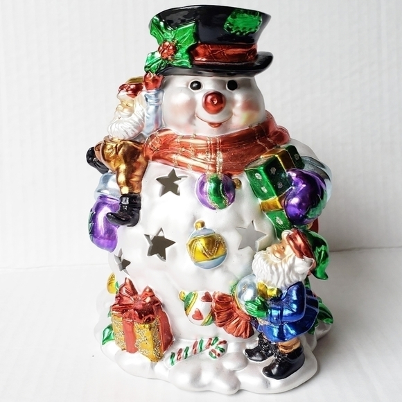 VINTAGE Large Glass Hand Painted Snowman Tea Light Holder - Picture 7 of 12
